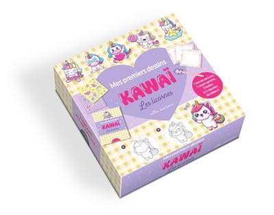 Coffret - Mes premiers dessins kawaï - Les licornes Avec 1 livre avec des modèles, 2 planches de stickers, 5 feuilles et 1 crayon-gomme