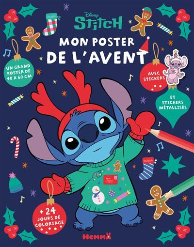 Disney Stitch - Mon poster de l'Avent - 24 jours de coloriage - Un grand poster de 40x60cm - Avec stickers et stickers métallisés