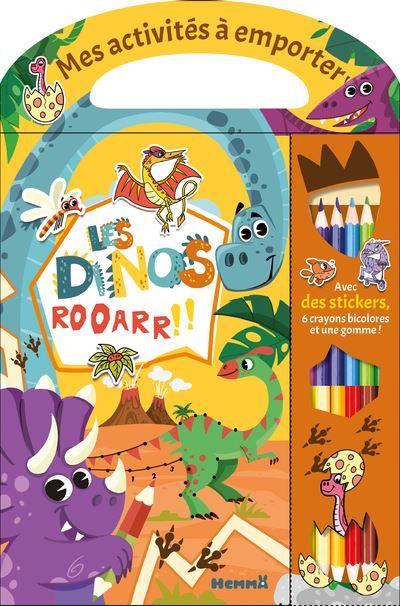 Mes activités à emporter - Les dinos - Avec des stickers, 6 crayons bicolores et une gomme ! Avec stickers + crayons + gomme