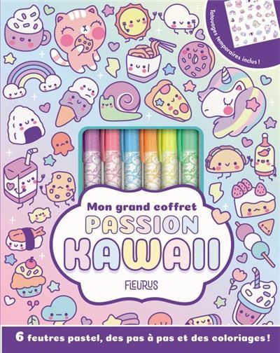 Mon grand coffret passion kawaii - Avec 6 feutres et une planche de tatouages éphémères